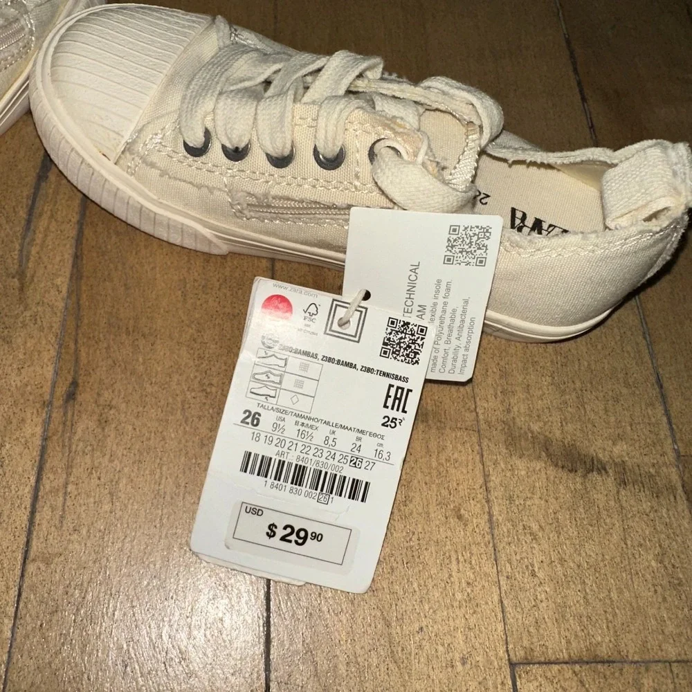 Zara Sneakers Toddler Size 9.5 Off White Low Top Side Zipper‎ Comfort Lace Up